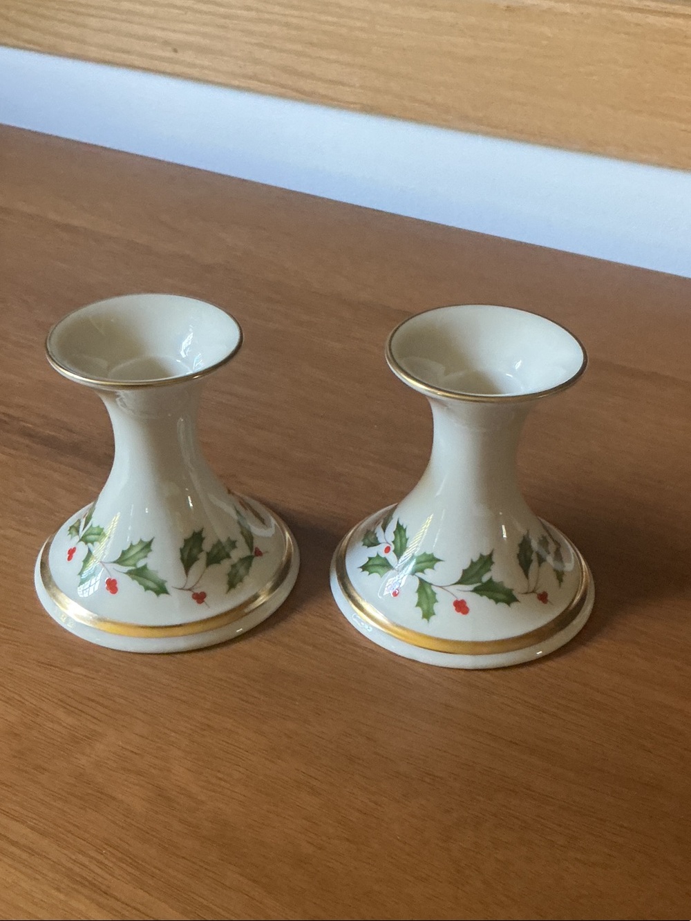Vintage Lenox Holiday Dimension Flared Candlesticks - set of 2 - holly and gold